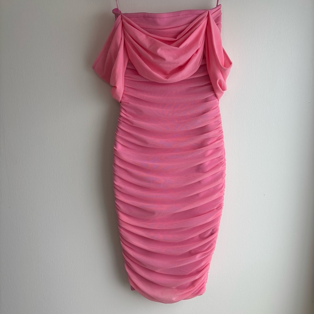 Fashion Nova XS Pink Ruched Mesh Off Shoulder Midi Dress